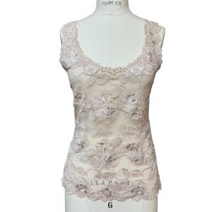 Josie Natori Lace Tank Top Camisole Cami Size M Beige Floral Y2K Whimsical